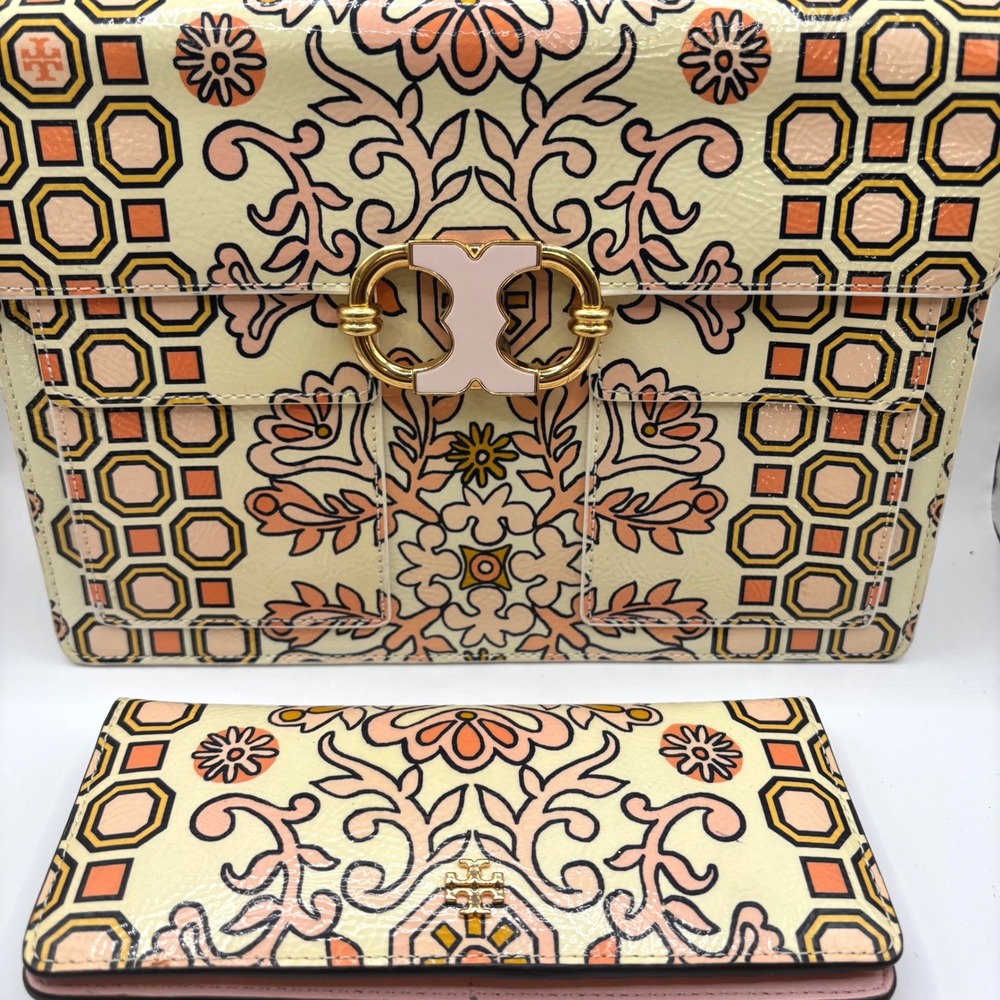 Tory Burch Hicks Garden Gemini Handbag Purse Wallet Set Pink Gold Cream EUC